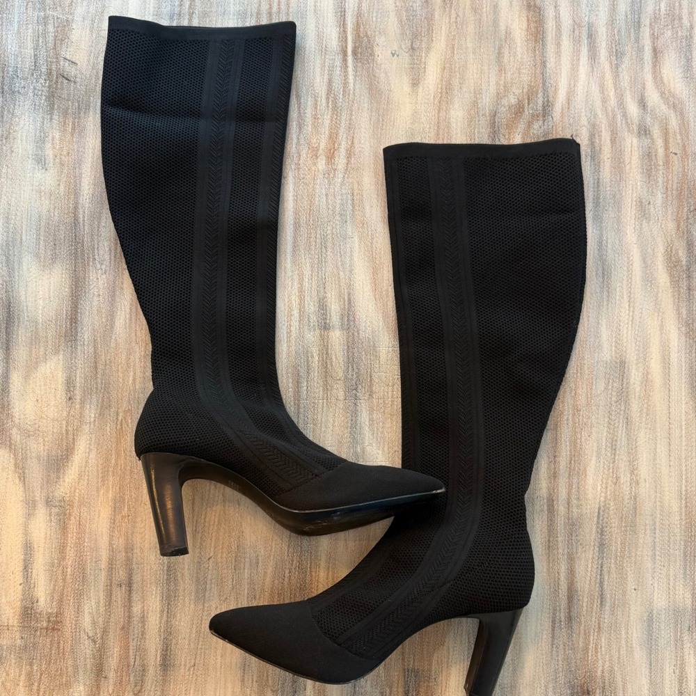 Charles David Womens Black Stretch Knit Sock Boots Pointed Toe Block Heel 11M